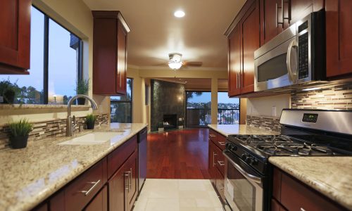 Galley Kitchen Remodel, Travertine and Hardwood Flooring